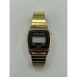 Vintage Digital Time Date Quartz Watch Gold Tone Stretch Band Retro Unisex